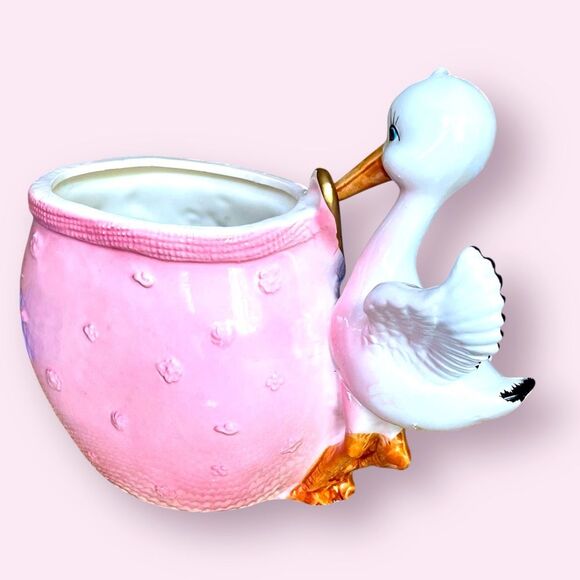 Lefton Stork Planter Pink Baby Bloomers 1960s - Picture 4 of 12